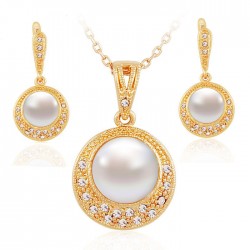Yellow Gold plated big white pearl full moon style pendant earrings 